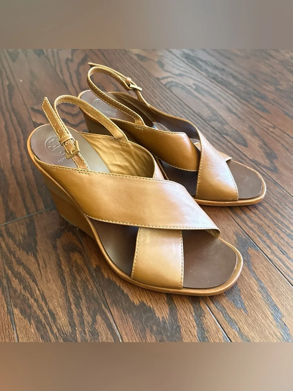 Tory Burch Gabrielle brown Leather wedge Sandals preppy summer resort size 8.5